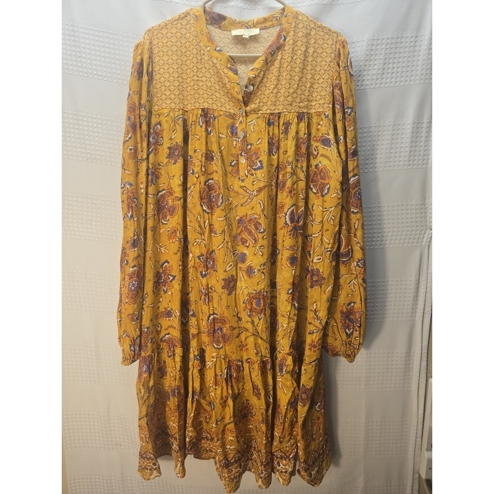 Farmers Market Floral Print Dress Womens XL Long Bishop Sleeve Yellow 7155